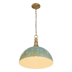 Shabby Chic Distressed Gilded Patina Teal Dome Pendant Light