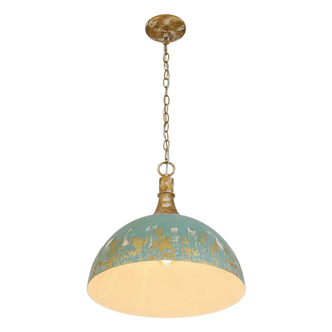 Shabby Chic Distressed Gilded Patina Teal Dome Pendant Light