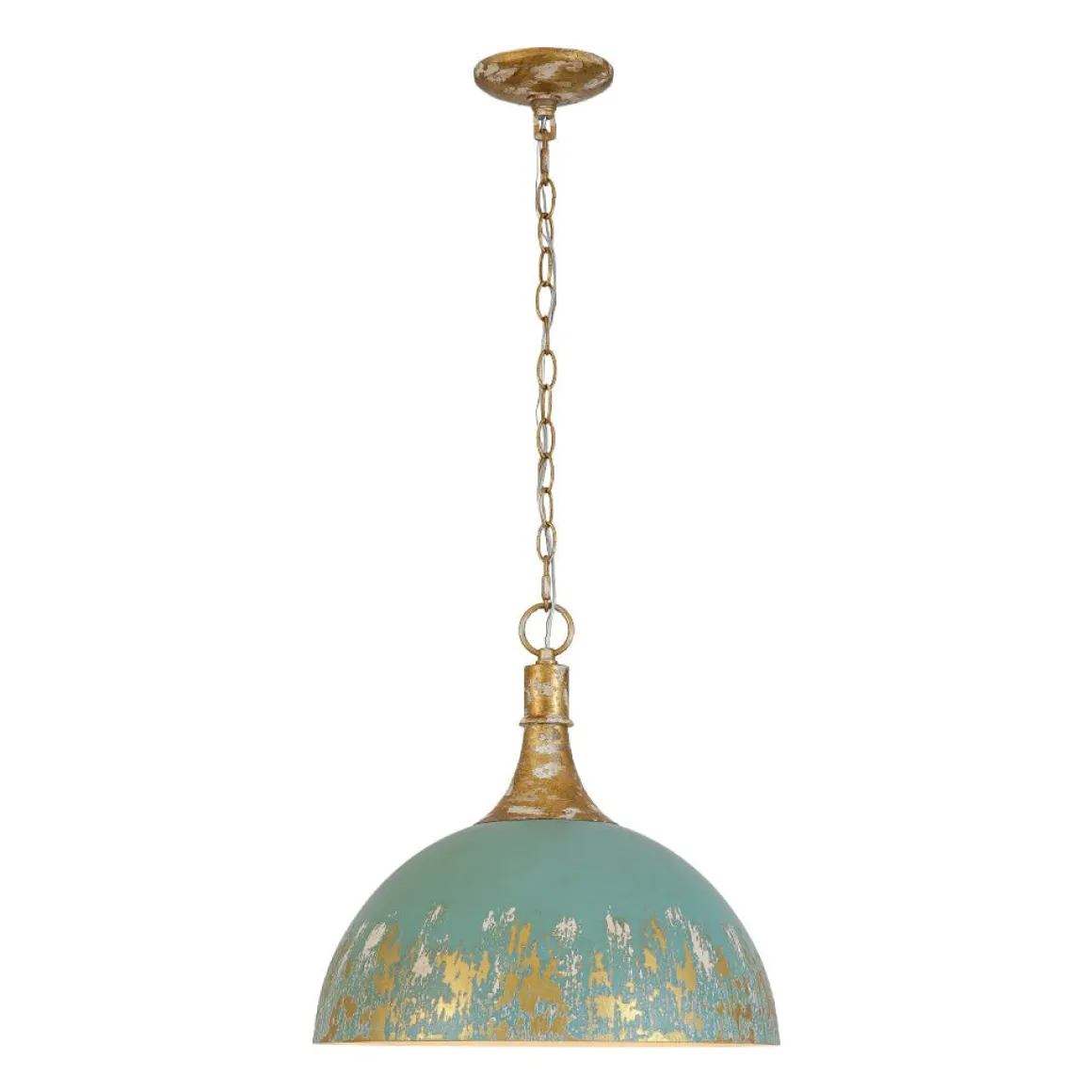 Shabby Chic Distressed Gilded Patina Teal Dome Pendant Light