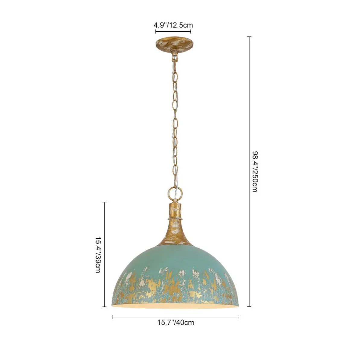 Shabby Chic Distressed Gilded Patina Teal Dome Pendant Light