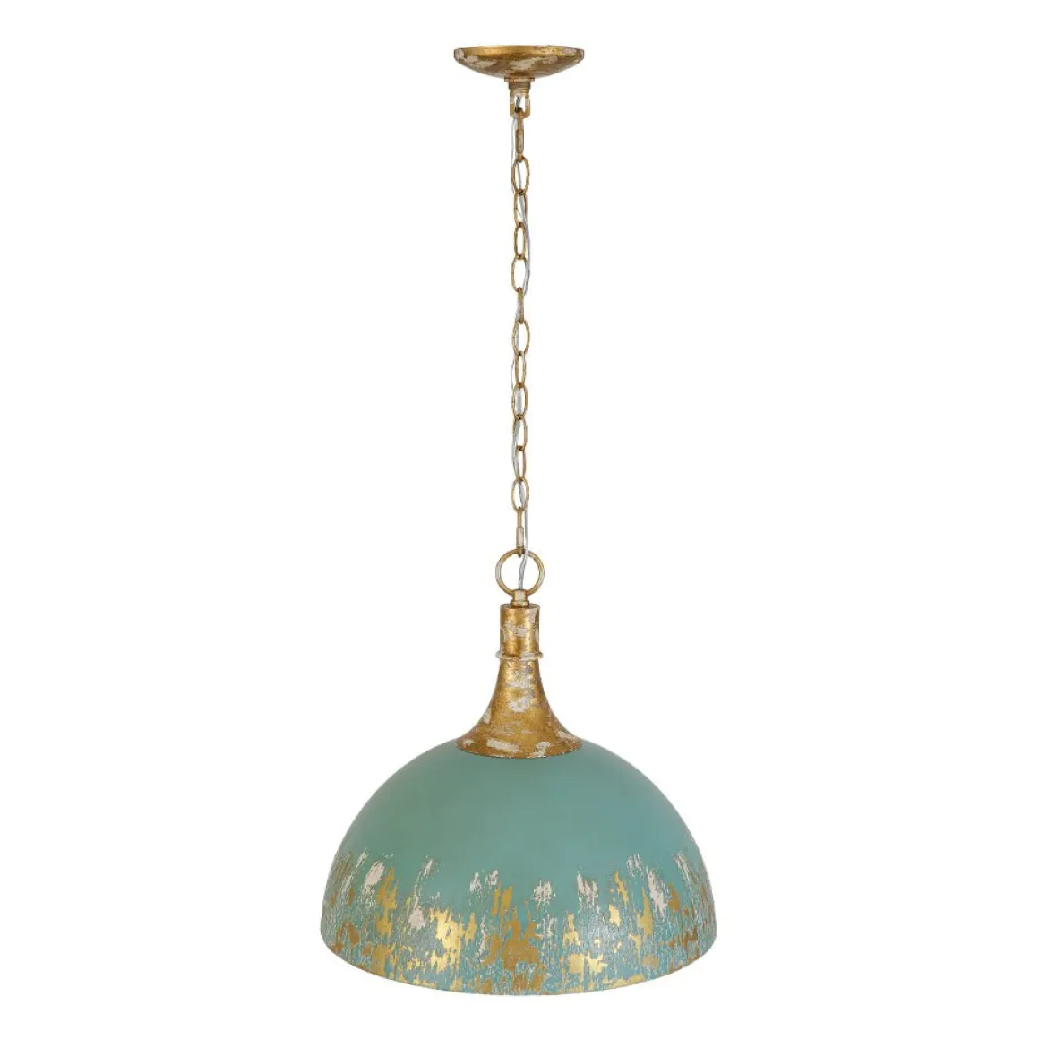 Shabby Chic Distressed Gilded Patina Teal Dome Pendant Light