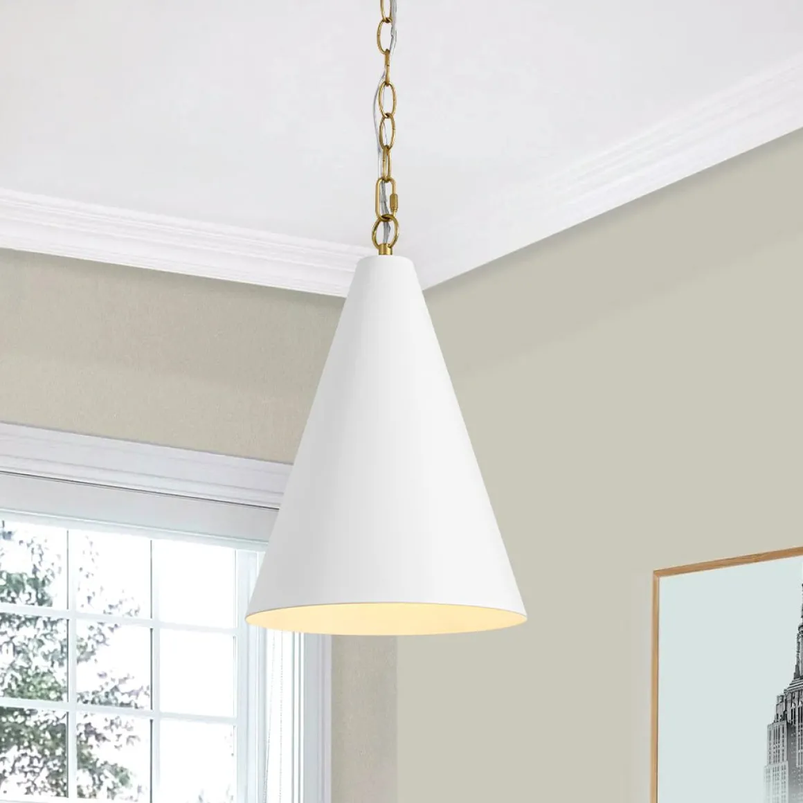 Shaker 1-Light Brass White Iron Conical Kitchen Pendant
