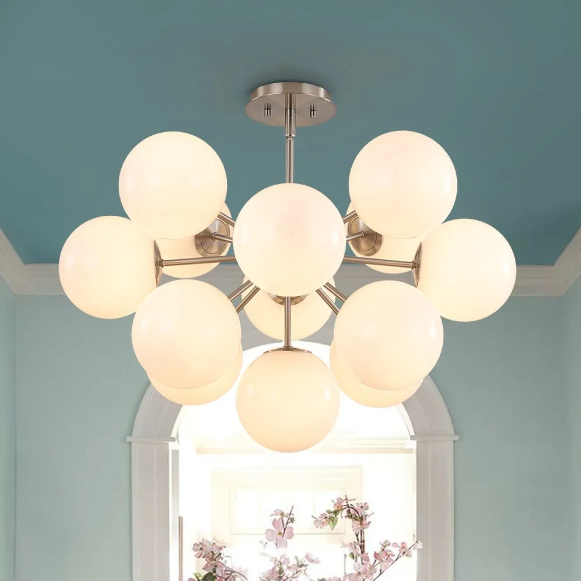 Shine Lustre Opal Glass Bubble Sputnik Semi Flush Chandelier