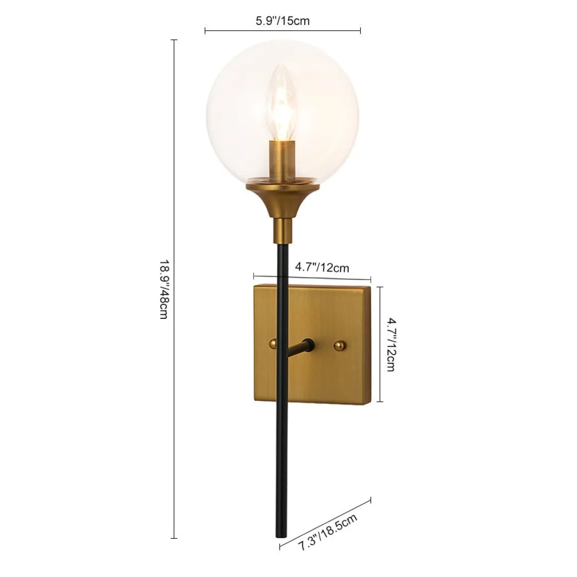 Simple Brass Black 1-Light Glass Globe Vanity Wall Sconce