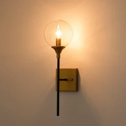 Simple Brass Black 1-Light Glass Globe Vanity Wall Sconce