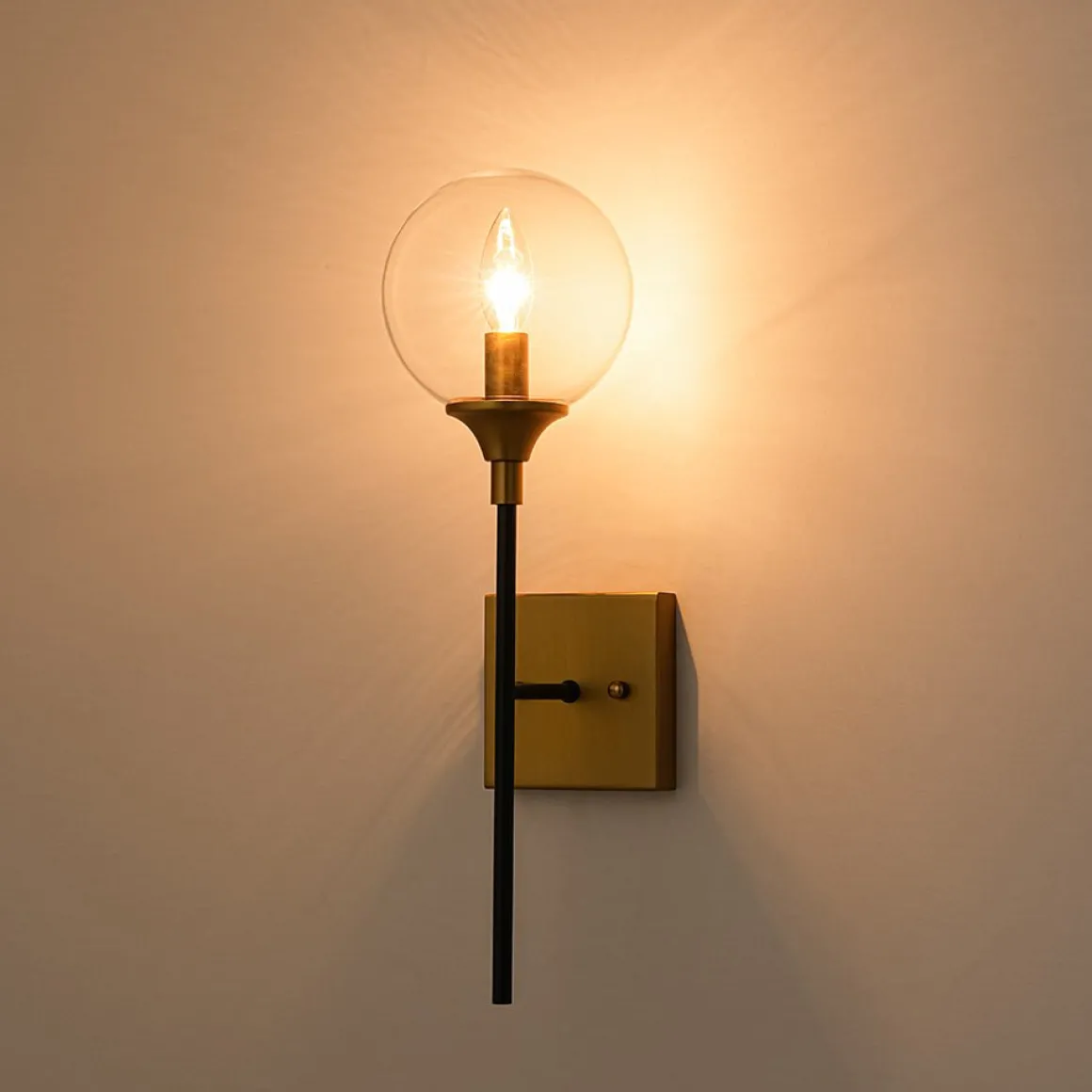 Simple Brass Black 1-Light Glass Globe Vanity Wall Sconce