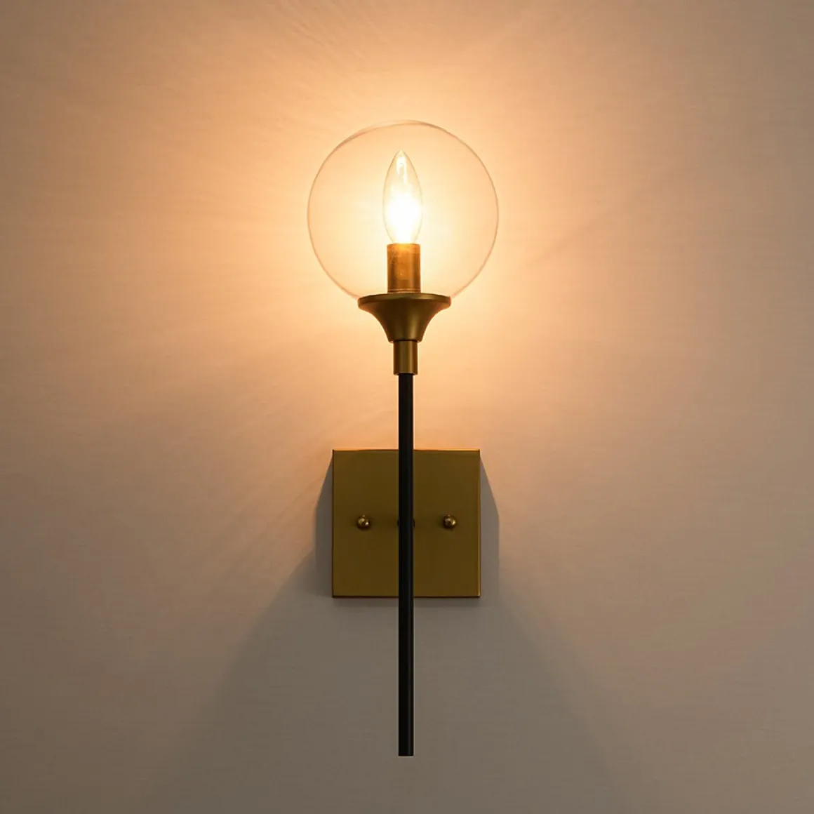 Simple Brass Black 1-Light Glass Globe Vanity Wall Sconce
