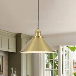 Simple Brass 1-Light Metal Flat Conical Kitchen Pendant