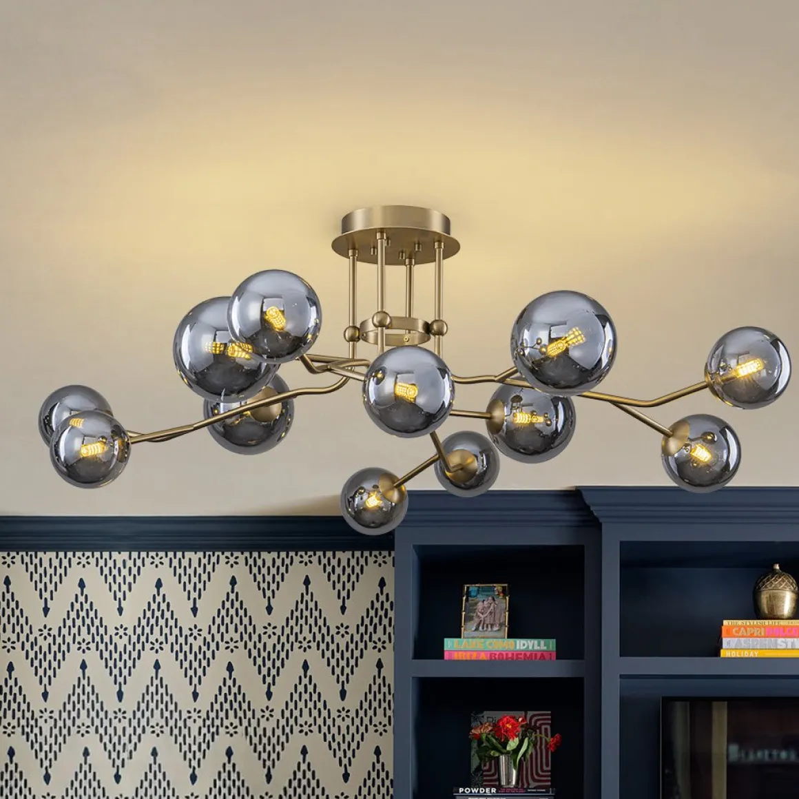 Smoked Glass Bubble Branch Sputnik Semi Flush Chandelier