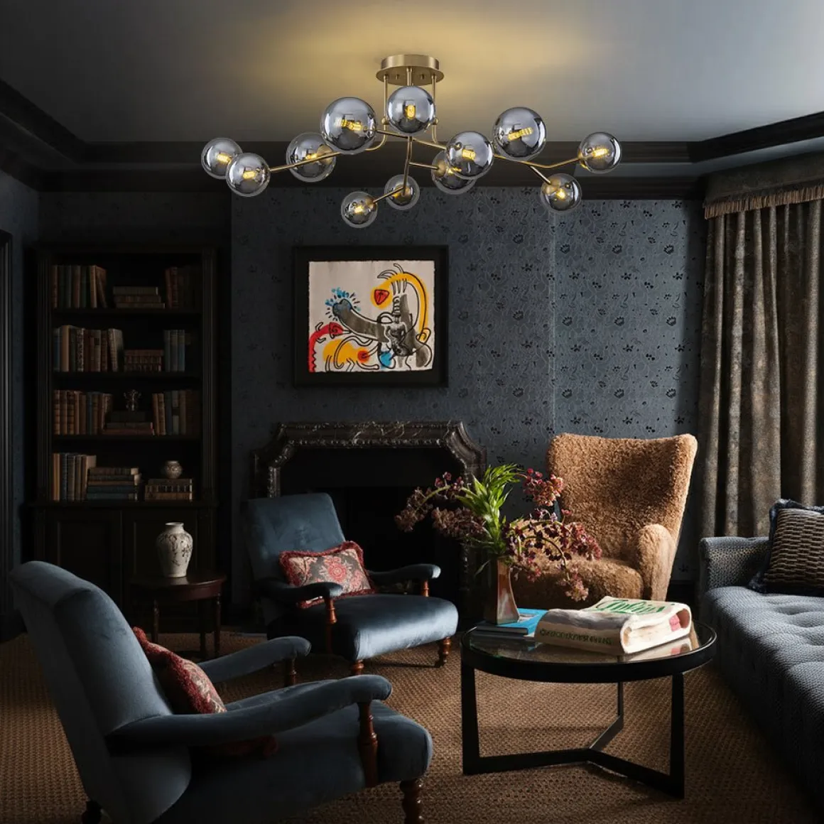 Smoked Glass Bubble Branch Sputnik Semi Flush Chandelier