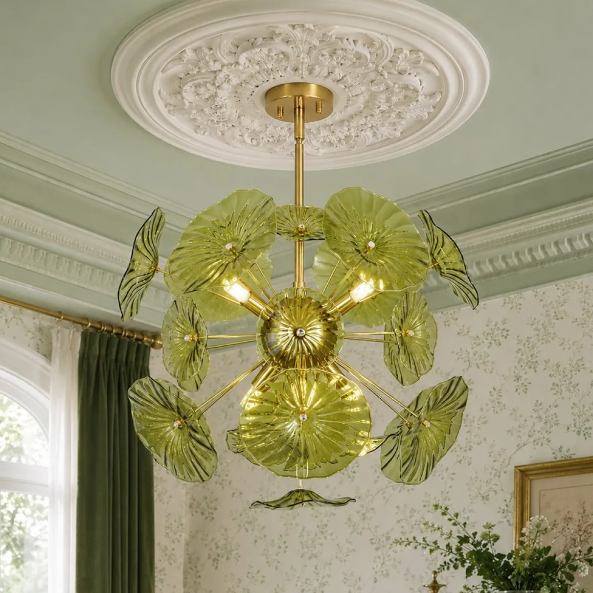 Summer Art Deco Bloom Green Lotus Leaf Sunburst Chandelier