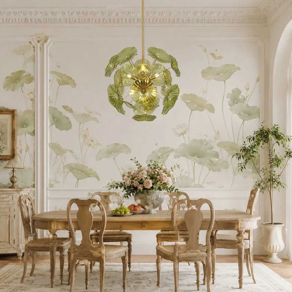Summer Art Deco Bloom Green Lotus Leaf Sunburst Chandelier