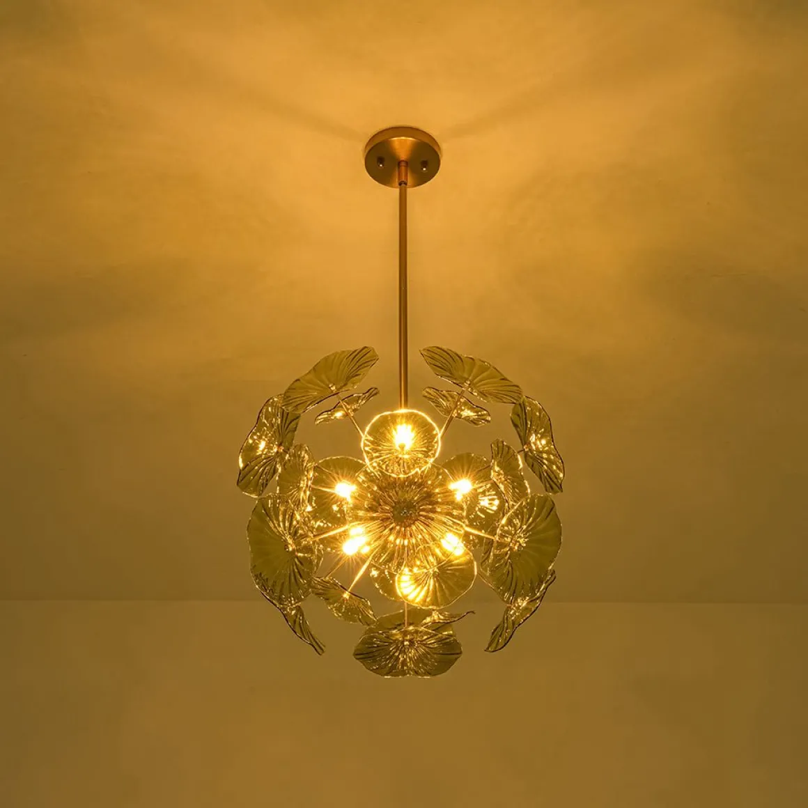 Summer Art Deco Bloom Green Lotus Leaf Sunburst Chandelier