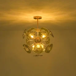 Summer Art Deco Bloom Green Lotus Leaf Sunburst Chandelier