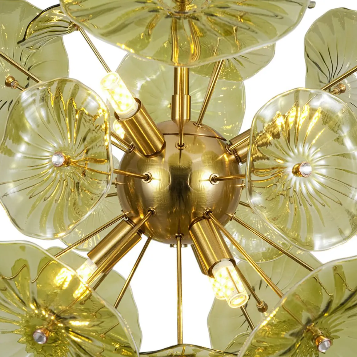Summer Art Deco Bloom Green Lotus Leaf Sunburst Chandelier