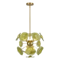 Summer Art Deco Bloom Green Lotus Leaf Sunburst Chandelier