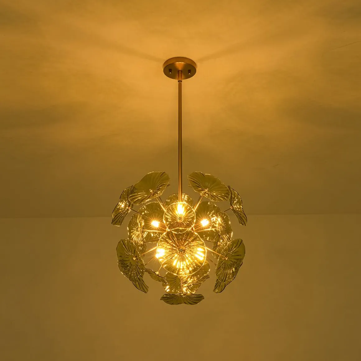 Summer Art Deco Bloom Green Lotus Leaf Sunburst Chandelier