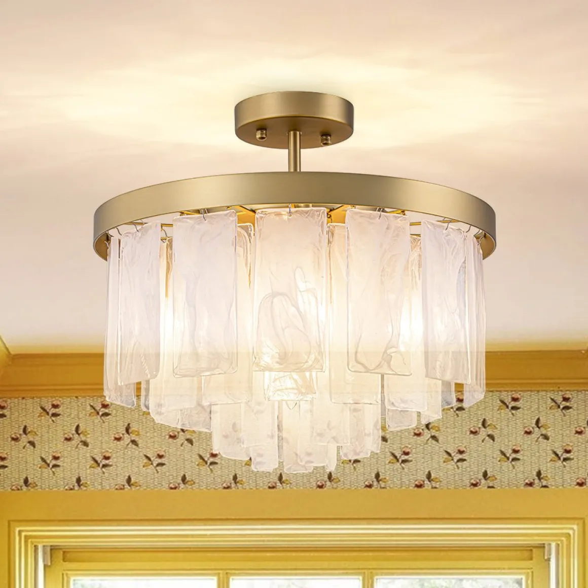 Tiered Opal Swirl Glass Round Semi Flush Mount Chandelier