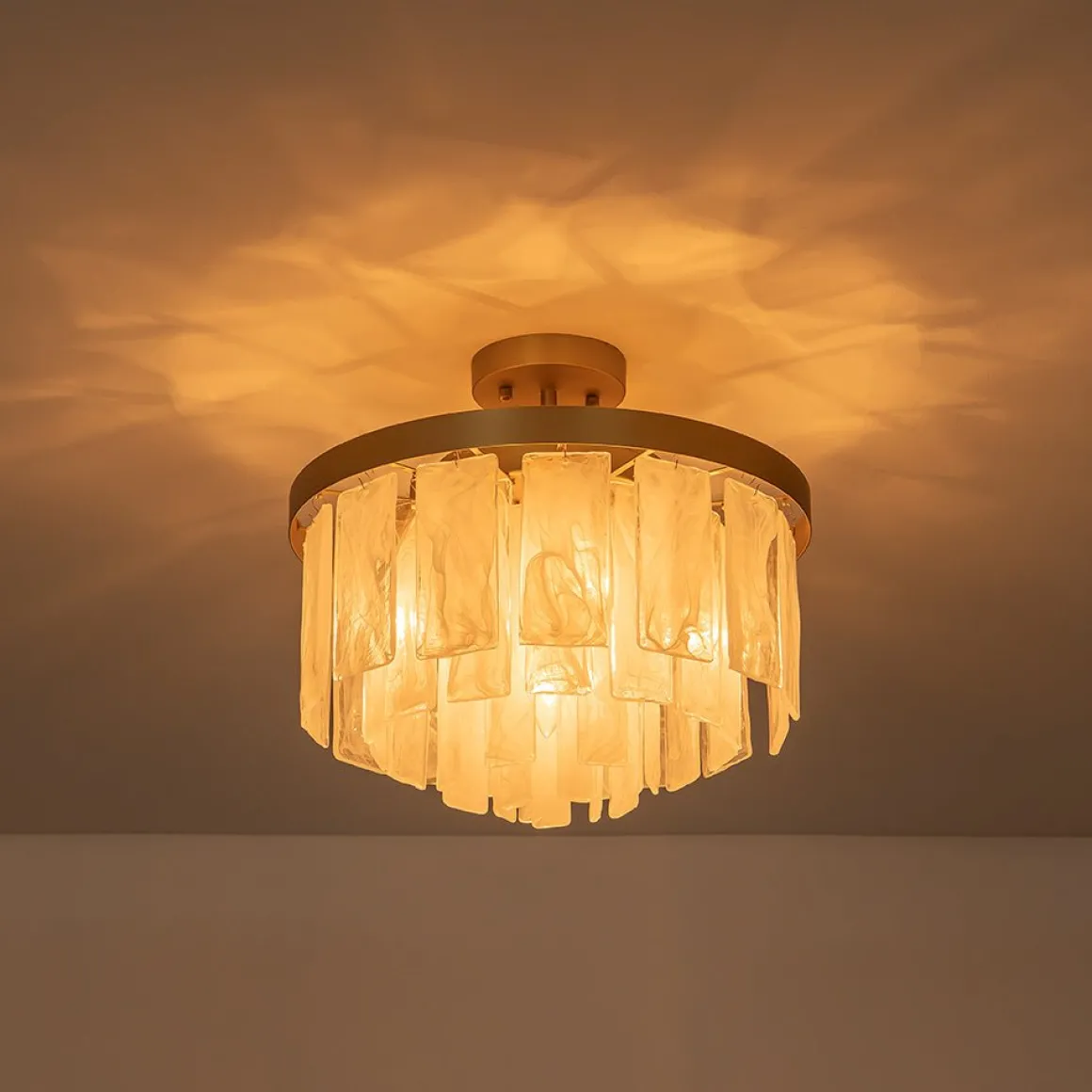 Tiered Opal Swirl Glass Round Semi Flush Mount Chandelier