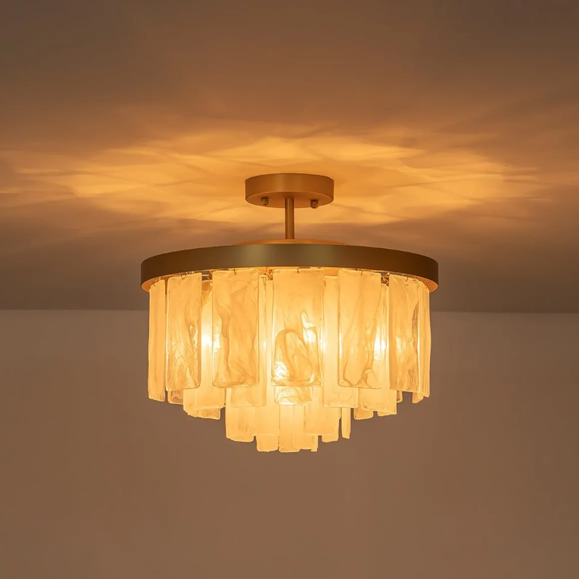 Tiered Opal Swirl Glass Round Semi Flush Mount Chandelier