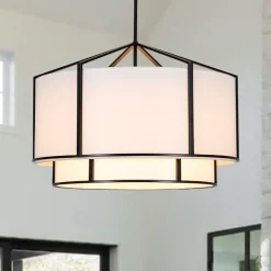 2-Tier Large White Fabric Drum Cage Chandelier