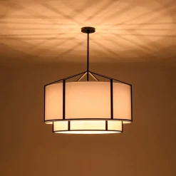 2-Tier Large White Fabric Drum Cage Chandelier