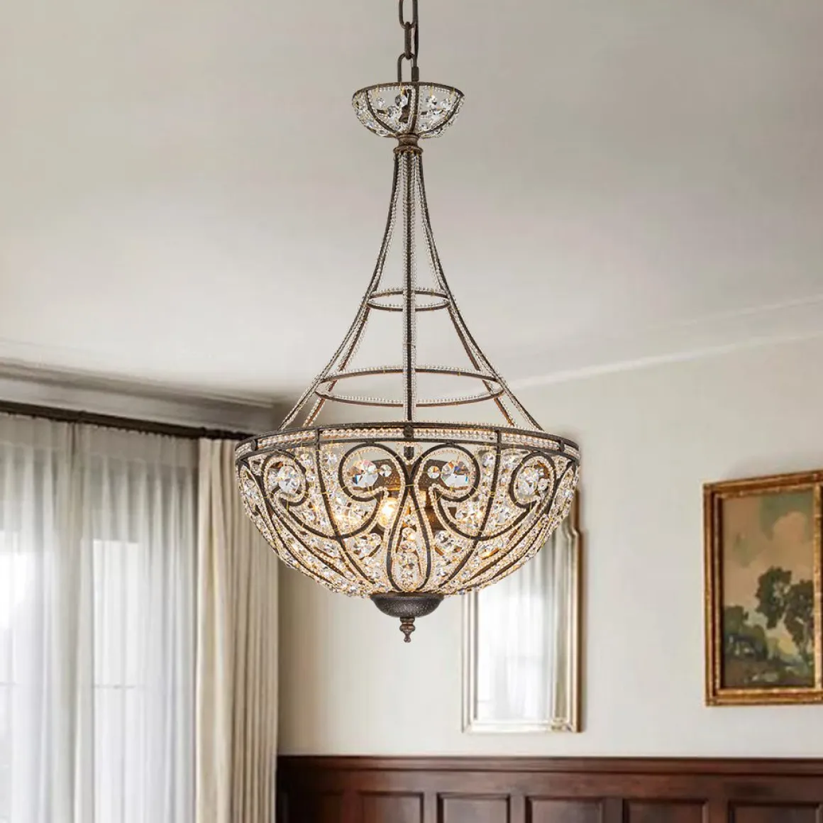 Victorian Antique Bronze Crystal Empire Chandelier