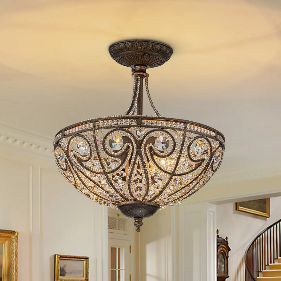 Victorian Antique Bronze Crystal Semi Flush Light
