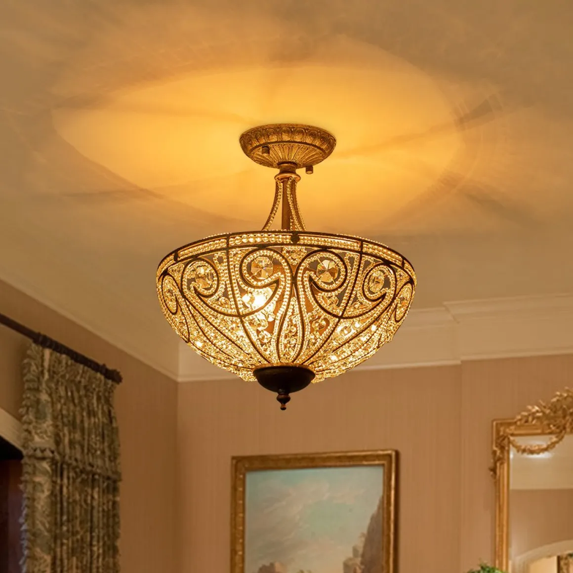 Victorian Antique Bronze Crystal Semi Flush Light