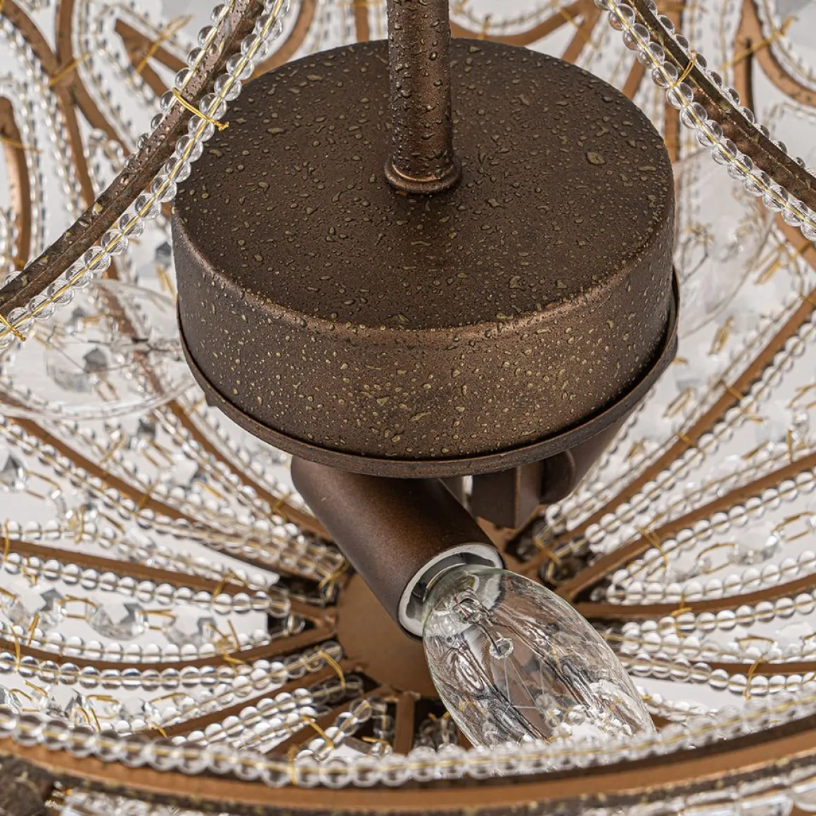 Victorian Antique Bronze Crystal Semi Flush Light