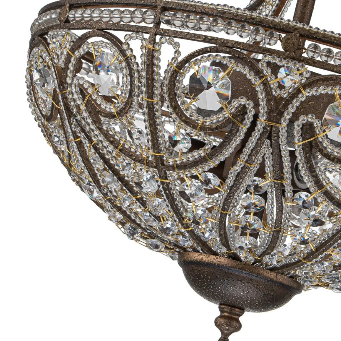 Victorian Antique Bronze Crystal Semi Flush Light