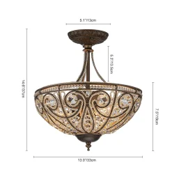 Victorian Antique Bronze Crystal Semi Flush Light