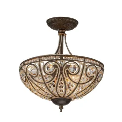 Victorian Antique Bronze Crystal Semi Flush Light