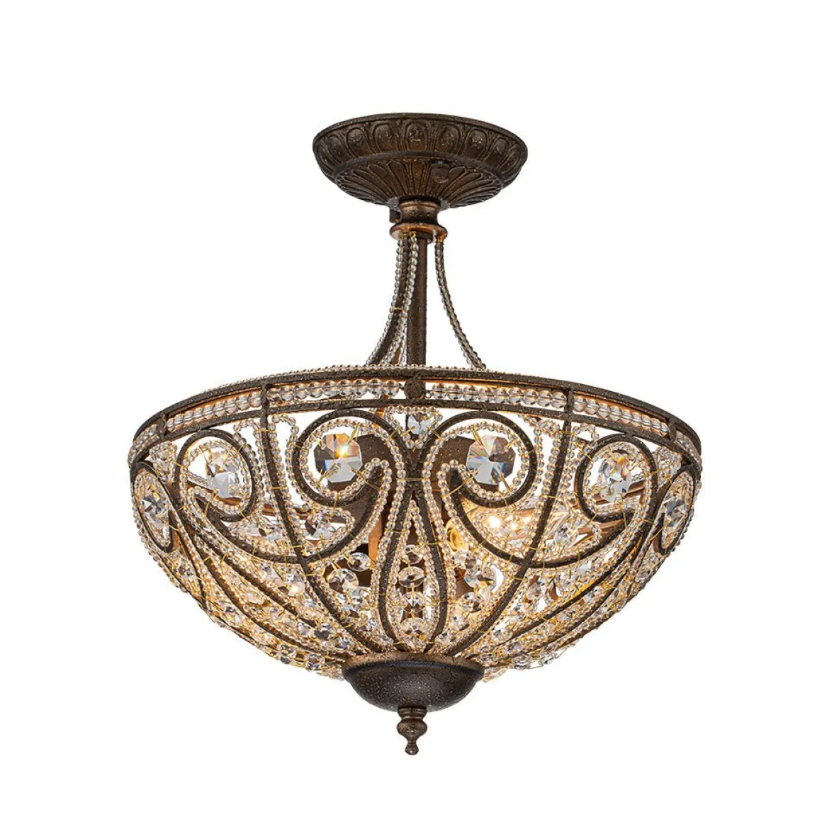 Victorian Antique Bronze Crystal Semi Flush Light