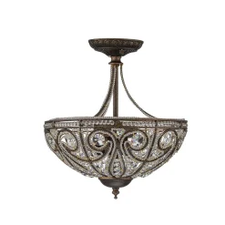 Victorian Antique Bronze Crystal Semi Flush Light