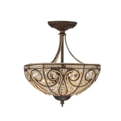 Victorian Antique Bronze Crystal Semi Flush Light