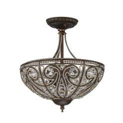 Victorian Antique Bronze Crystal Semi Flush Light