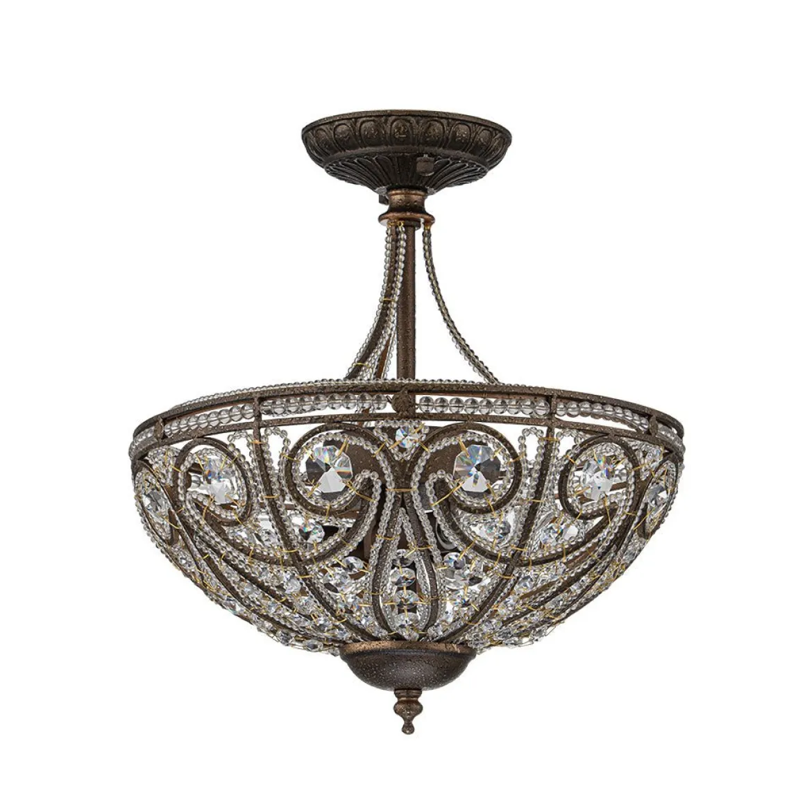 Victorian Antique Bronze Crystal Semi Flush Light
