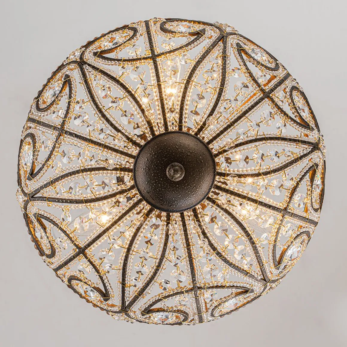 Victorian Antique Bronze Crystal Semi Flush Light