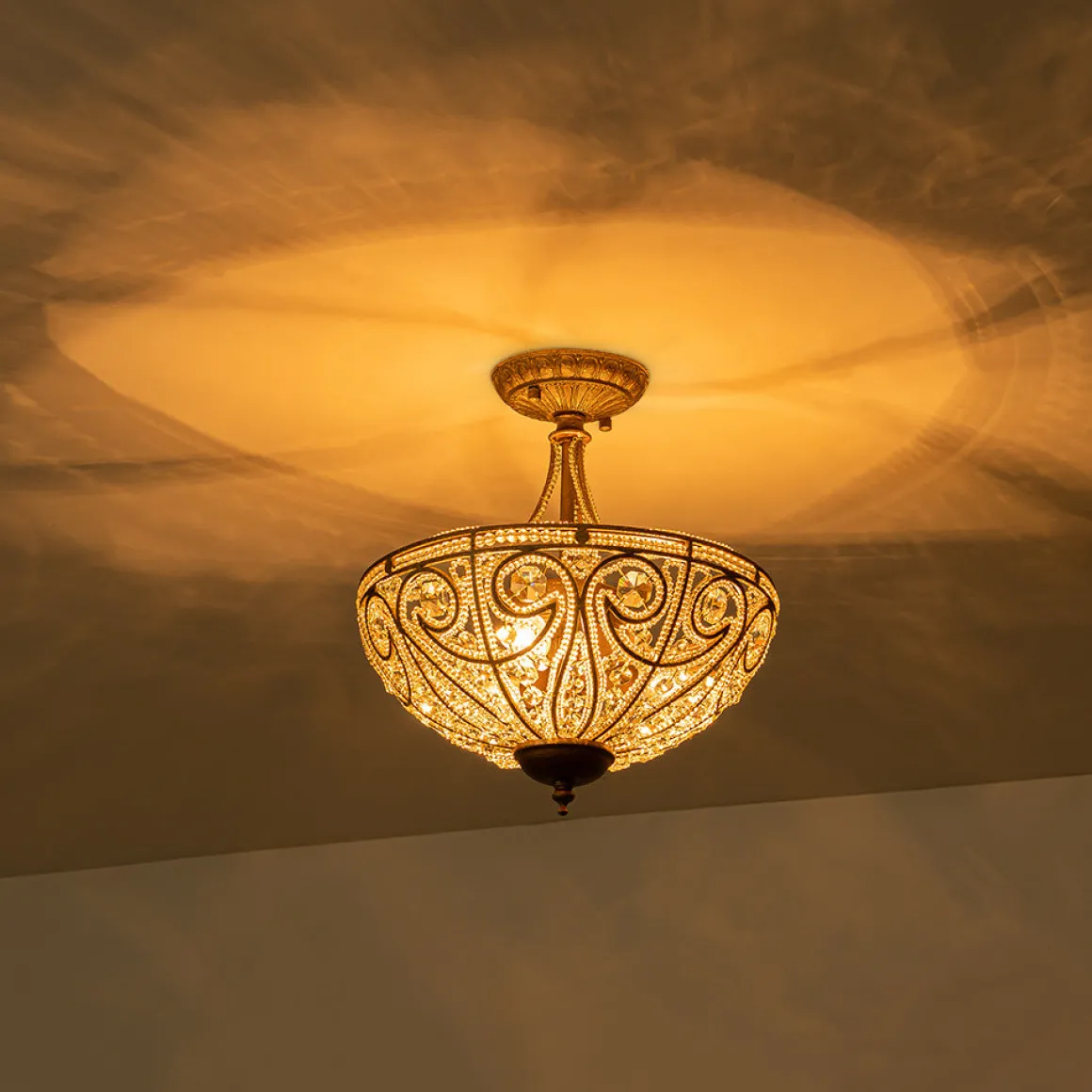 Victorian Antique Bronze Crystal Semi Flush Light
