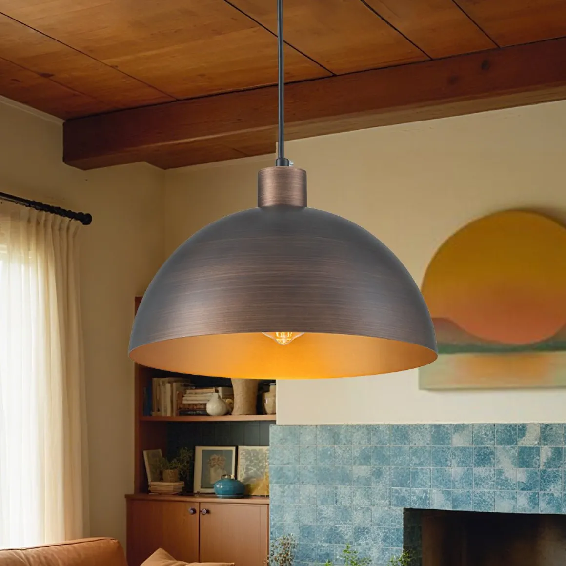 Vintage Antique Bronze 1-Light Iron Dome Pendant Light