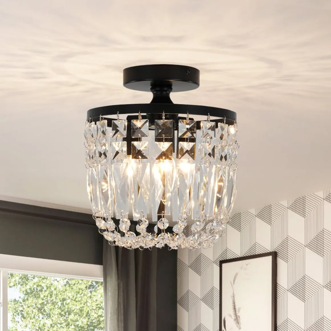 Vintage Black Draped Crystal Round Semi Flush Mount