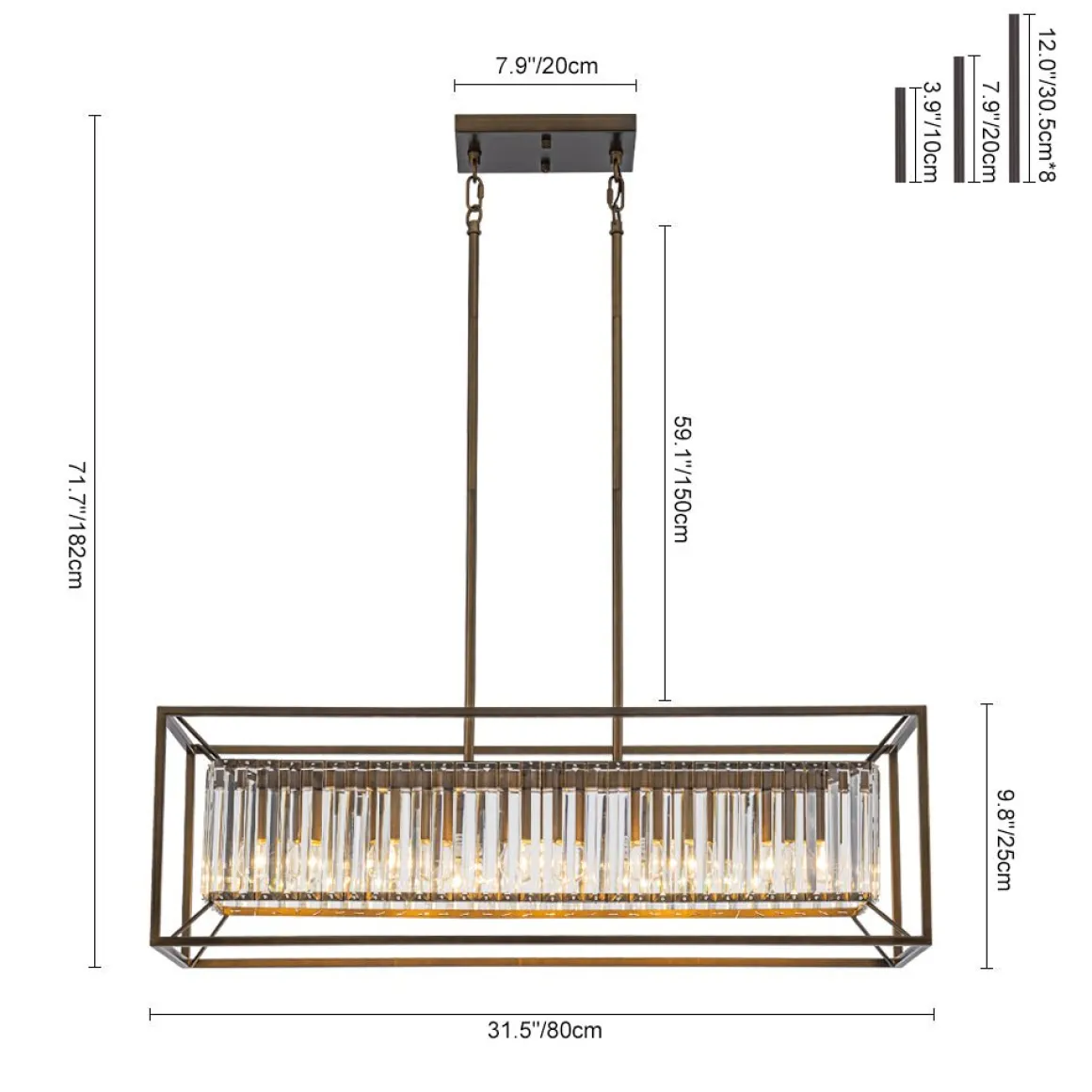 Vintage Italy Glam Crystal Rectangular Linear Chandelier