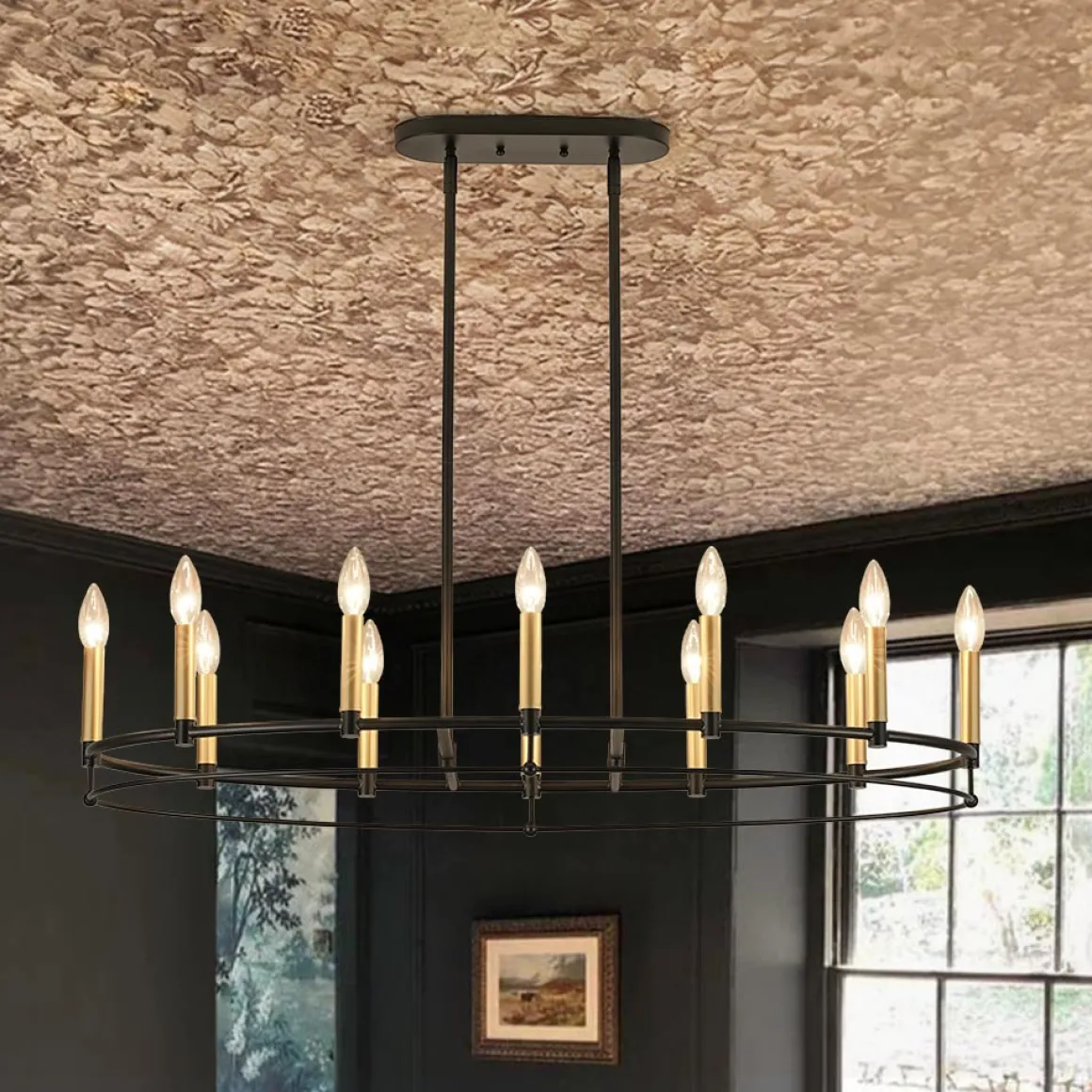 Vintage 12-Light Black Brass Candle Wide Island Chandelier