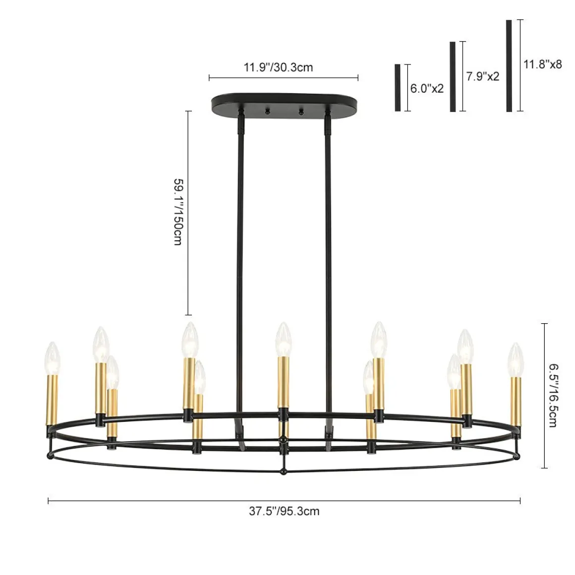 Vintage 12-Light Black Brass Candle Wide Island Chandelier