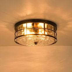 Vintage 2-Light Hammered Glass Round Drum Flush Mount