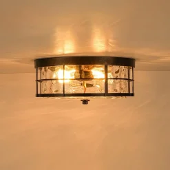 Vintage 2-Light Hammered Glass Round Drum Flush Mount