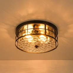 Vintage 2-Light Hammered Glass Round Drum Flush Mount