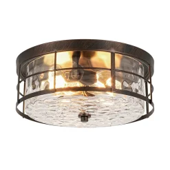 Vintage 2-Light Hammered Glass Round Drum Flush Mount
