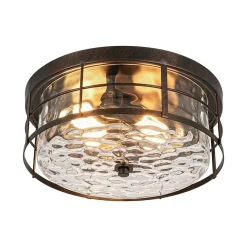 Vintage 2-Light Hammered Glass Round Drum Flush Mount